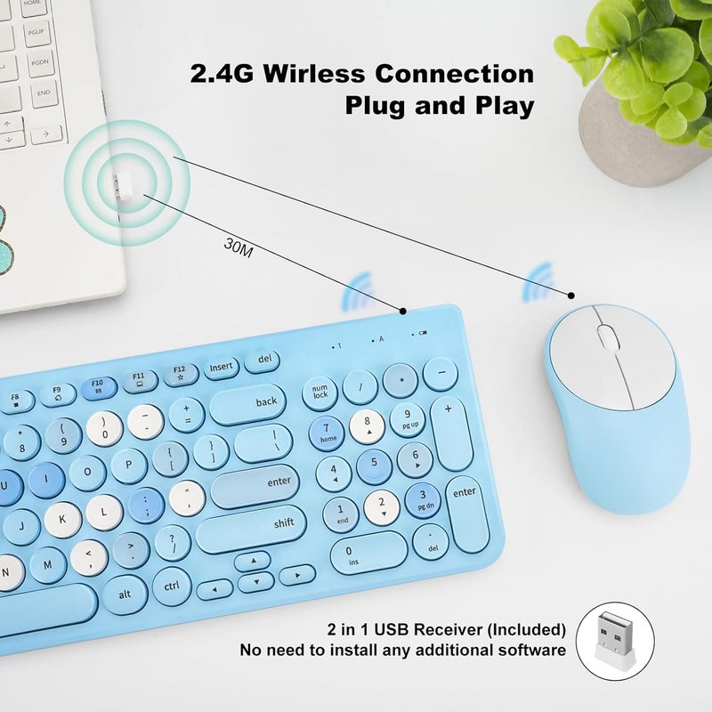 GUKJOB Wireless Keyboard and Mouse Combo, Retro Typewriter Keyboard with Round Keycaps, 2.4GHz USB Cute Wireless Keyboard Mouse for Computer, Desktop, Laptop (Blue Colorful) - Image 2